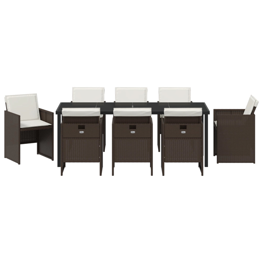 Set Pranzo Giardino 9 Pezzi con Cuscini in Rattan Marrone Poly