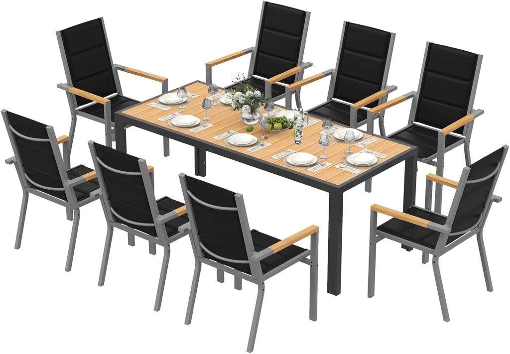 Set di Arredo da Giardino 8 Persone, Set di Tavolo 189 cm Design a Vena di Legno e 8 Sedie Impilabili da Esterno in Alluminio, Ideale per Cortile, Terrazza o Ai Margini della Piscina, Grigio