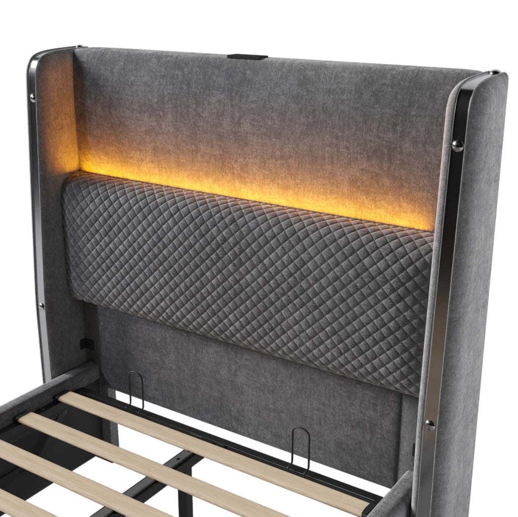 Letto imbottito con testiera alta, illuminazione LED e contenitore 90 x 200 cm