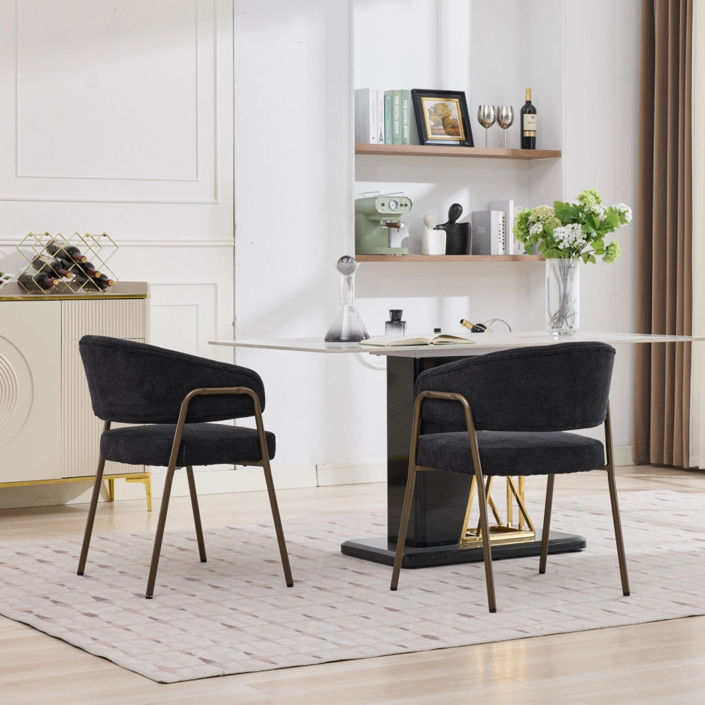 Sedia da Pranzo Imbottita con Braccioli ¨C MINIMAL ¨C Velluto Chenille Nero, Gambe in Metallo Ottone