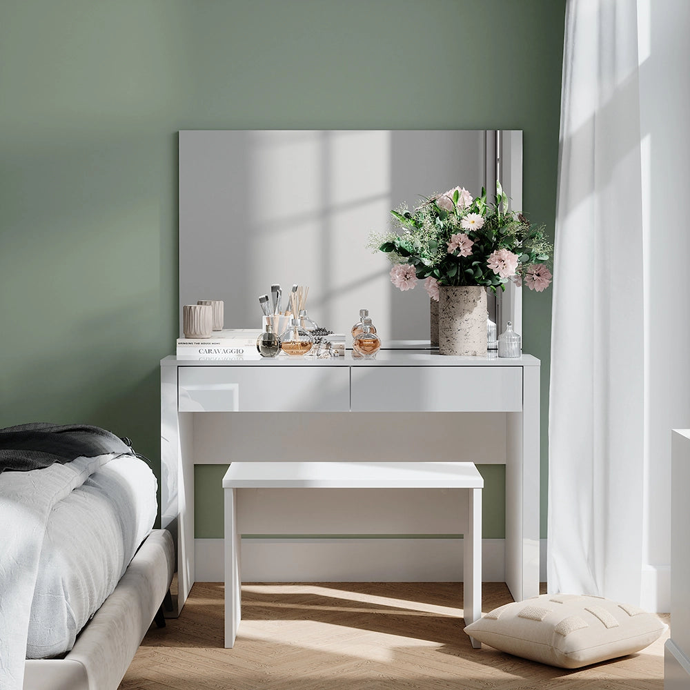 Vicco Tavolino da toilette Bianco lucido/bianco 110 cm con specchio e panca