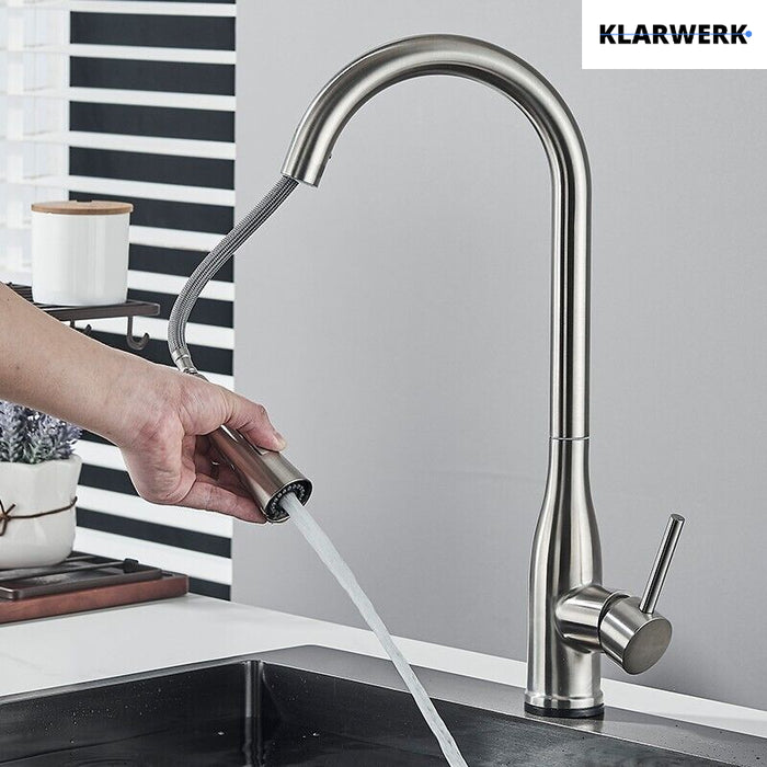 JANA | Rubinetto da cucina estensibile Premium in acciaio inox argento spazzolato | Rubinetto miscelatore ad alta pressione girevole a 360° 2 attacchi