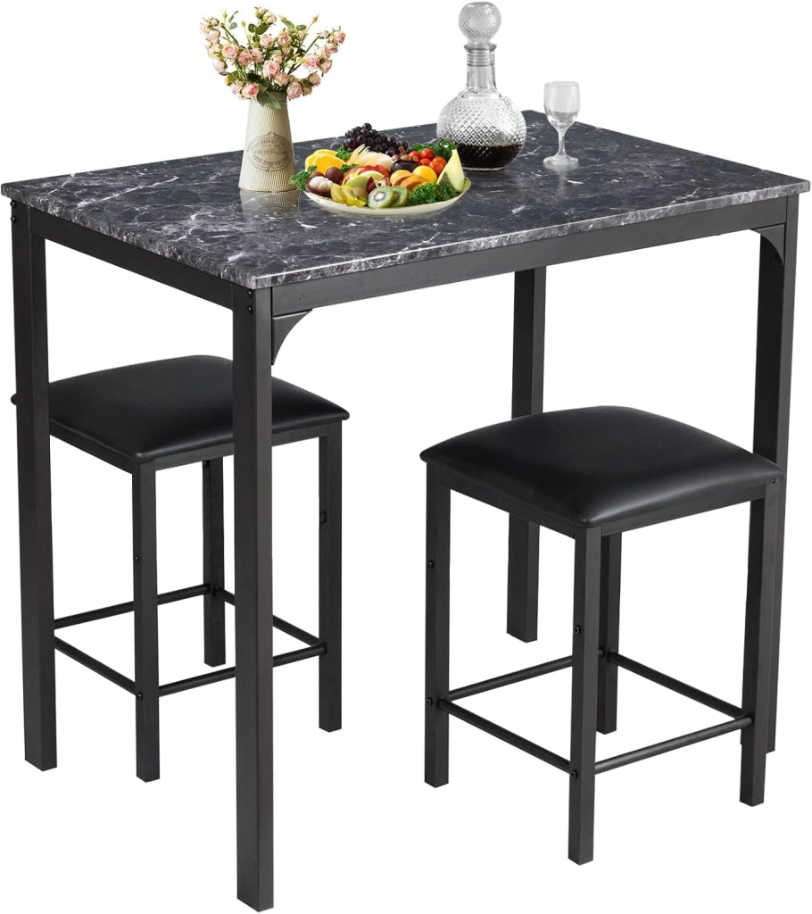Tavolo Cucina con 2 Sgabelli, Tavolo Alto con 2 Sgabelli Senza Schienale in Similpelle da Cucina, Sala da Pranzo e Soggiorno, Tavolo Bar con Sgabelli Moderno per Spazi Piccoli (Bianco)