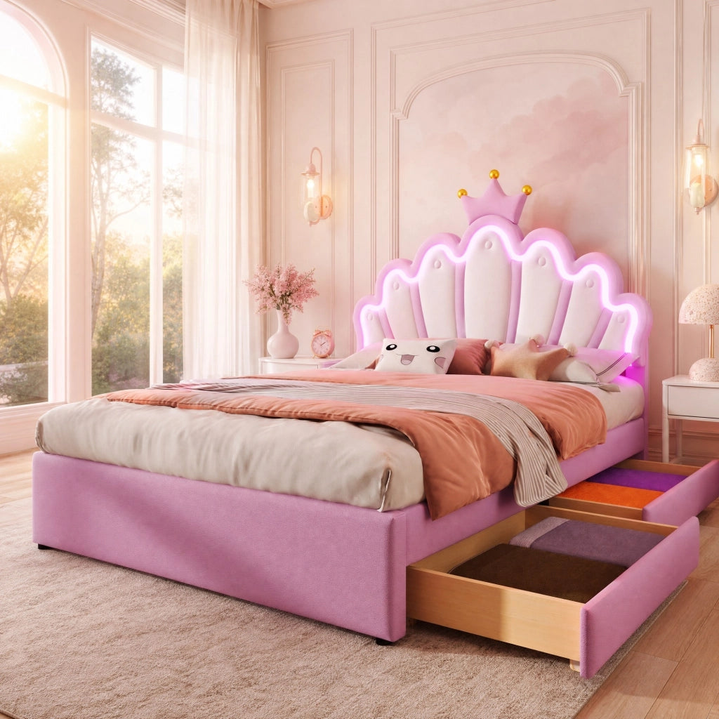 Letto imbottito 140x200 cm con LED RGB, 2 cassetti, testiera regolabile, PU rosa