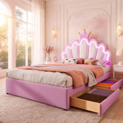 Letto imbottito 140x200 cm con LED RGB, 2 cassetti, testiera regolabile, PU rosa