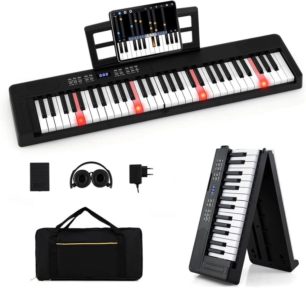 Tastiera Pianoforte Pieghevole a 61 Tasti, Tastiera Elettronica con Funzione MIDI, Cuffie, Pedale Sustain, Pianoforte Digitale Portatile per Principianti (Nero)