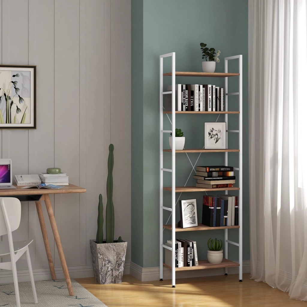 Scaffale per Libri a 6 Piani, Libreria in piedi con Struttura in Metallo per Soggiorno/Camera da Letto/Studio, 60x27,5x180cm, Rovere Chiaro+Bianco, RGB9307whe