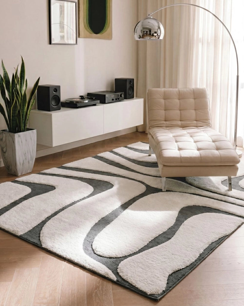 Tappeto da Soggiorno Moderno Rettangolare Jacquard 160 x 230 cm a Pelo Alto Grigio e Bianco con Retro in Poliestere