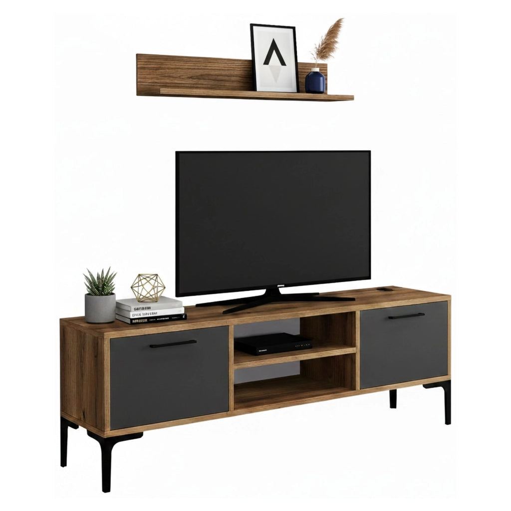 Mobile porta TV sri, Credenza da soggiorno, Armadio basso per TV, Base parete attrezzata, 140x30h48 cm, Noce e Antracite