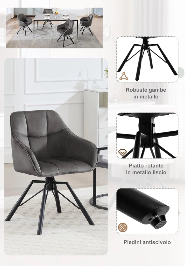 Sedia per Sala da Pranzo Girevole a 360°, Sedia da Cucina Imbottita con Gambe in Metallo, Poltroncina in Velluto per Camera da Letto, Soggiorno, Grigio Scuro, BH365dgr-1