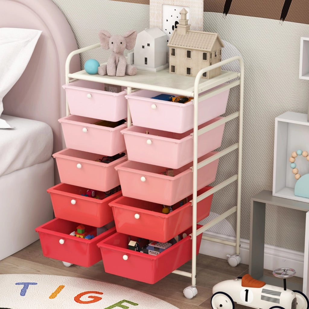 Carrello a 10 cassetti multiuso con ruote, Organizzatore per carta da scrapbooking e utensili da ufficio Rosa-Armadi da ufficio