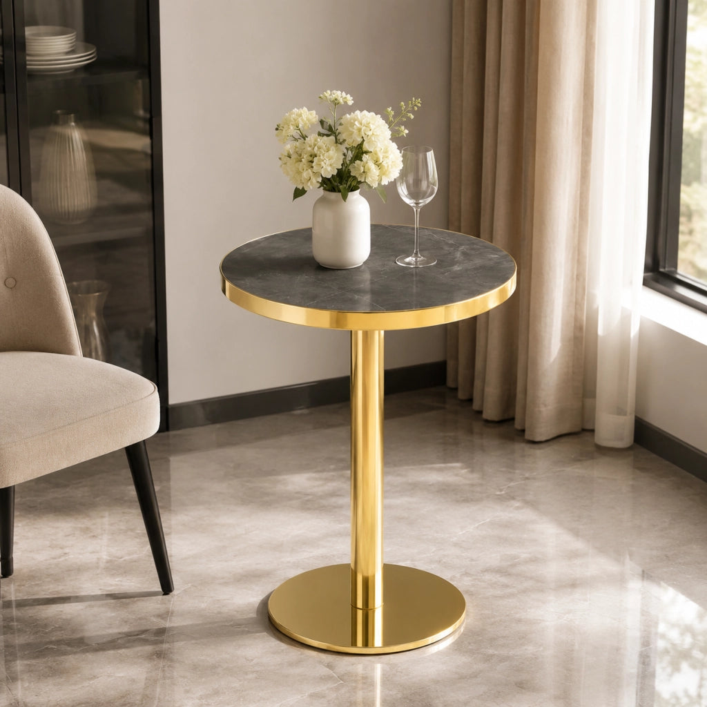 Tavolino basso rotondo con piano effetto marmo e bordo oro, base stabile, in MDF, grigio 73.5 × 71.0 × 24.0 cm