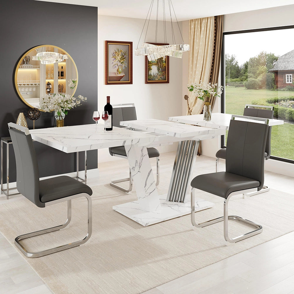 Tavolo da pranzo allungabile (5 pezzi) - Xylo - 120(160)x80x76 cm - Grigio - Set con 4 sedie in similpelle