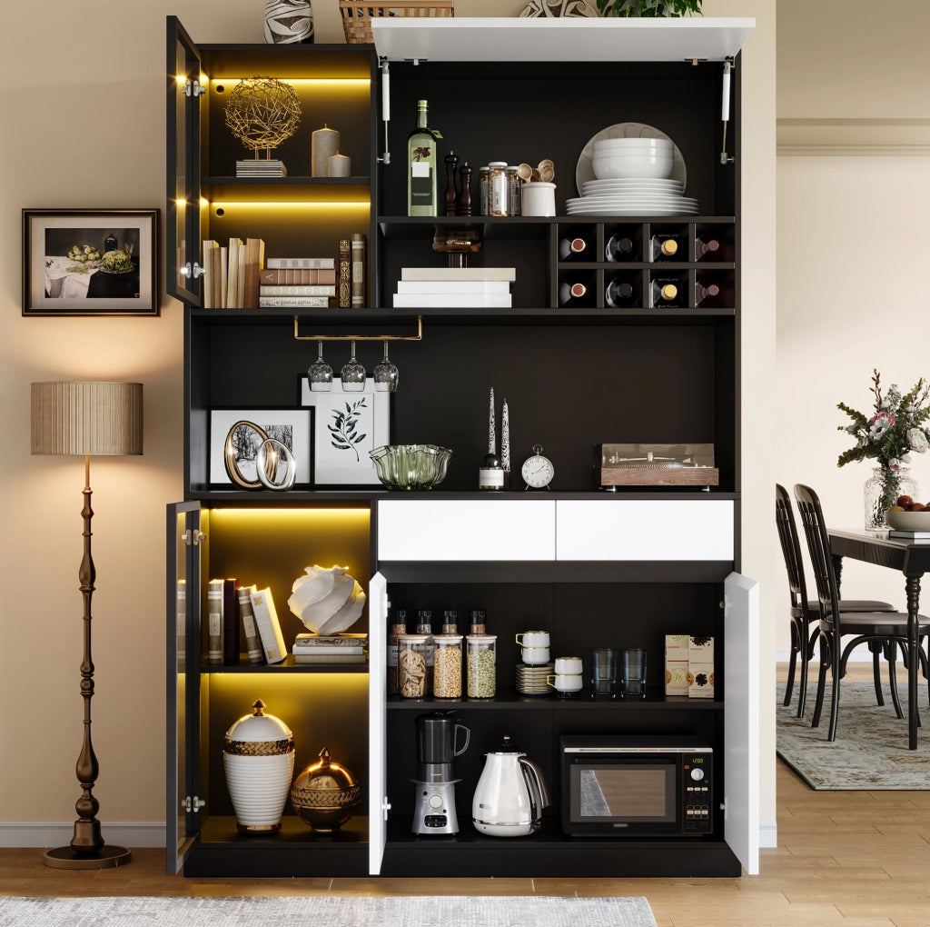 Highboard moderno con LED e vetrine 120x35x180 cm in MDF; nero e bianco