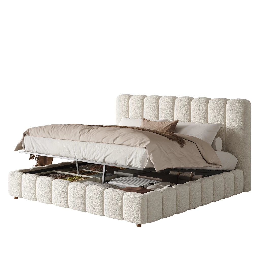 Letto matrimoniale imbottito 160x200 cm con contenitore idraulico; rivestimento Bouclé bianco