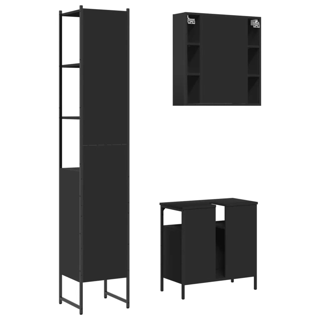 Set di Mobili da Bagno 3 pz Nero in Legno Multistrato