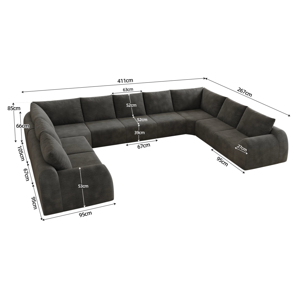 Divano modulare a U - in schiuma elastica e tessuto chenille - grigio scuro - 411 cm