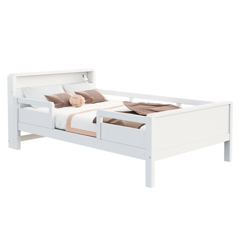 Letto singolo 90x200 cm con luce LED e presa USB e Type-C; testiera con ripiano; legno bianco