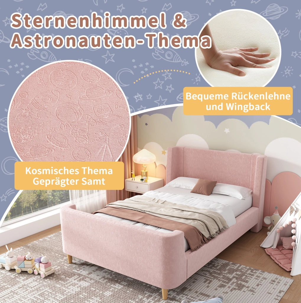 Letto singolo imbottito a slitta 90x200 cm in velluto rosa