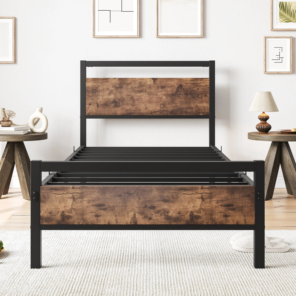 Letto singolo ULEVR 90x200 cm in metallo e MDF con rete a doghe, testiera e pediera marroni