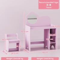 Toeletta per bambini con sgabello, specchio a forma di fiore e ripiani aperti, 3-8 anni, Viola