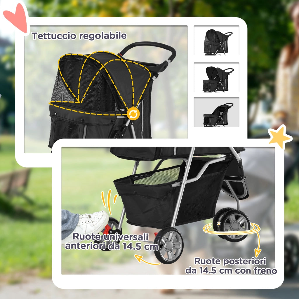 Passeggino per Cani Piccoli Pieghevole, Carrozzina per Cani con Ruote con Freni, Portabicchieri, Cestino Portaoggetti e Imbottitura Rimovibile e Lavabile, per Animali Domestici 10 kg, Nero