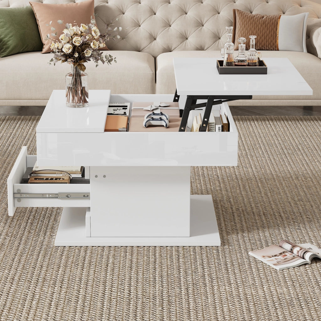 Tavolino da caffè 70x70x45 cm; piano ribaltabile e girevole 360°; pannello truciolare bianco