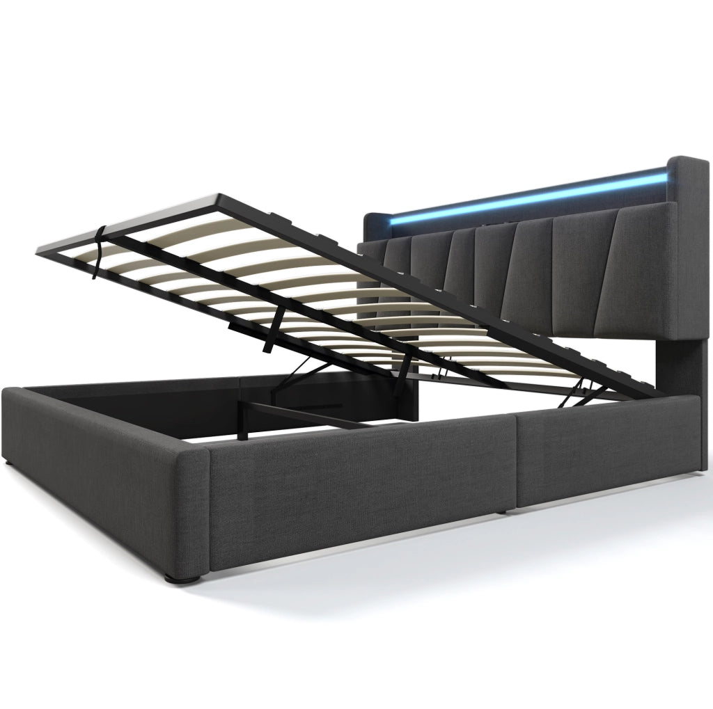 Polsterbett matrimoniale 160x200 cm con testiera contenitore; USB; LED RGBW e materasso; grigio
