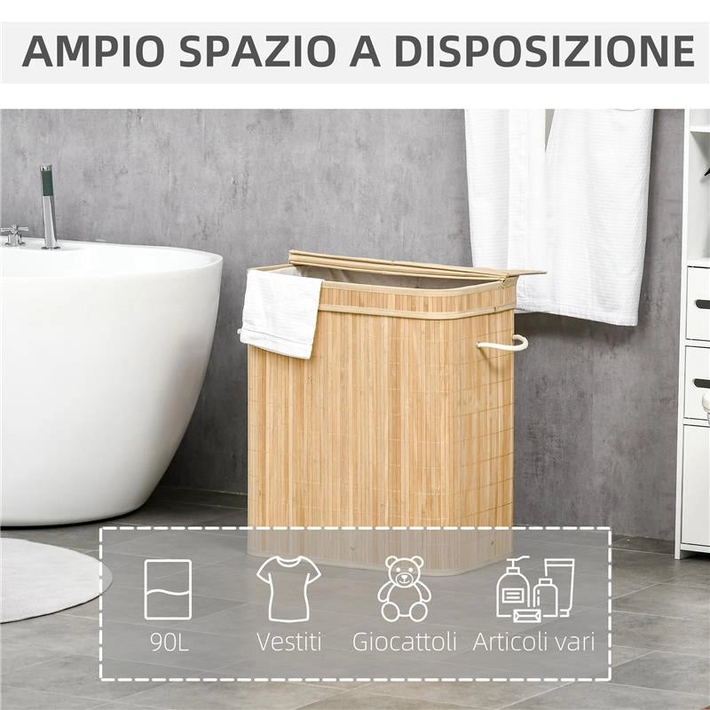 CESTO PORTABIANCHERIA DA 90L PIEGHEVOLE CON 2 SCOMPARTI COPERCHIO E MANICI IN BAMBÙ
