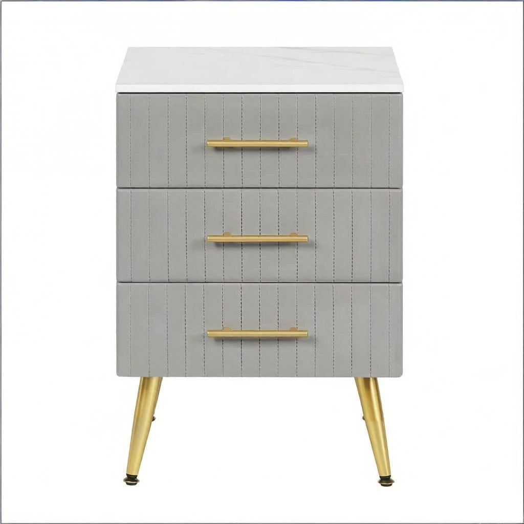 Comodino moderno in velluto grigio con 3 cassetti, struttura in MDF e gambe in metallo