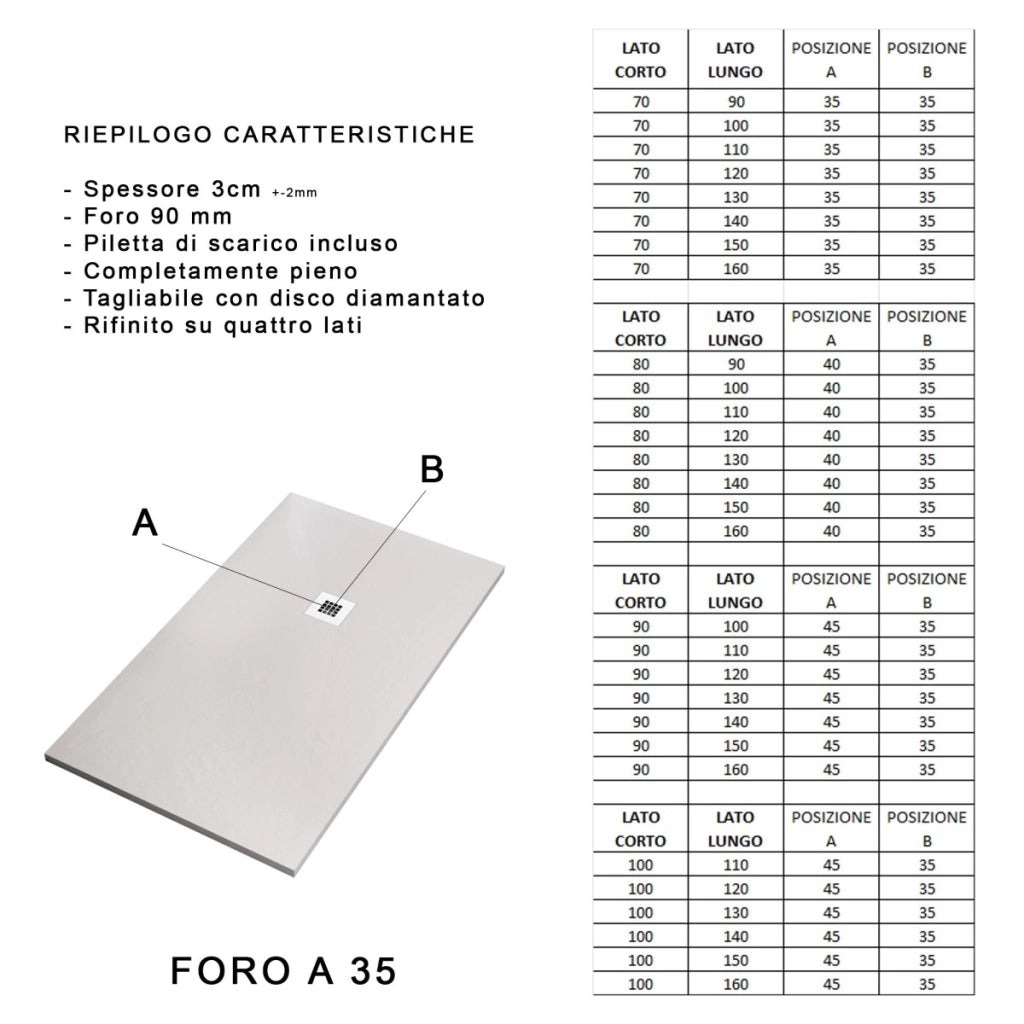 Piatto doccia in marmo resina tortora pietra cemento plus, misura 80x90