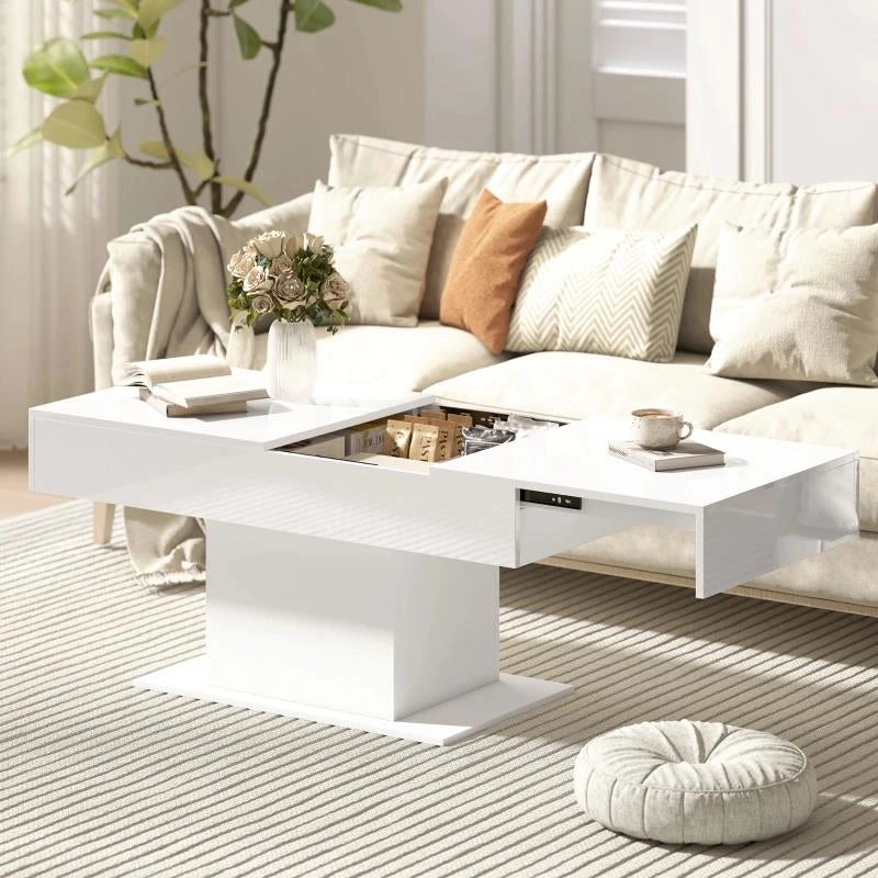 TAVOLINO DA CAFFÈ ESTENSIBILE CON VANO CONTENITORE MODERNO, 108-178.5X53X49 CM, BIANCO LUCIDO