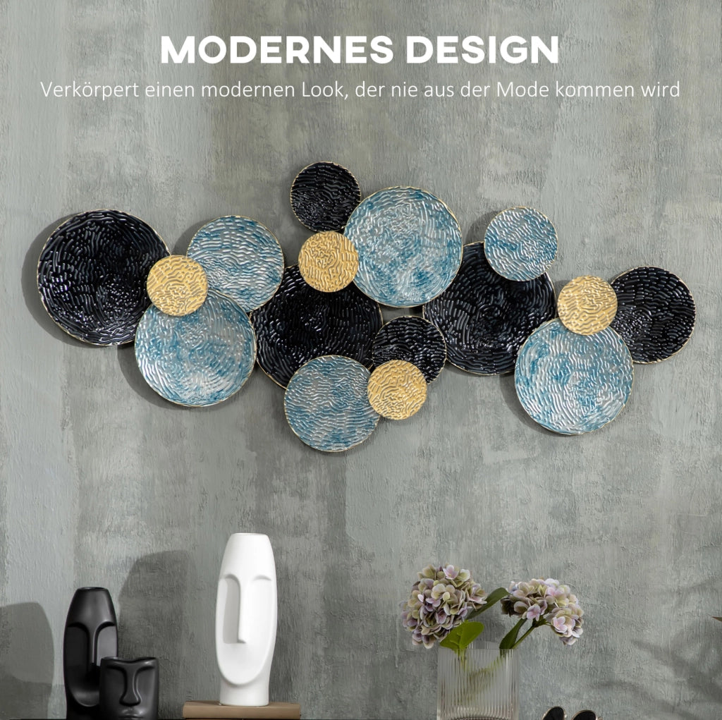 Decorazione da parete 3D ULEVR 121x53 cm in ferro, cerchi ondulati dipinti oro, blu e nero