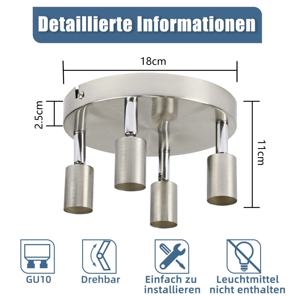 ZMH Faretto da soffitto 4 luci GU10 metallo nichelato regolabili 350° stile moderno max 25W