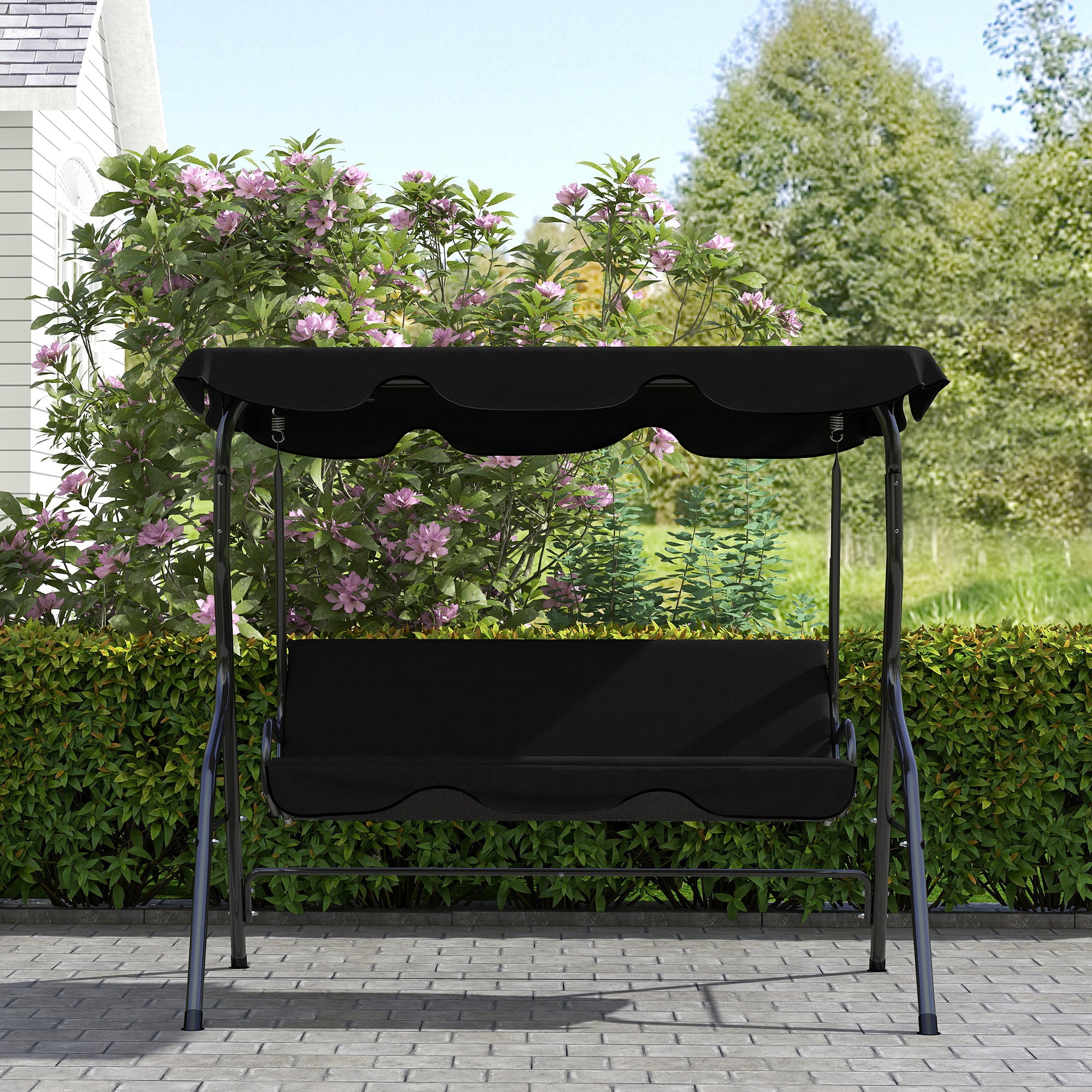 Dondolo 3 Posti 170x110x153 cm con Tettuccio Regolabile e Cuscini in Acciaio e Poliestere Nero
