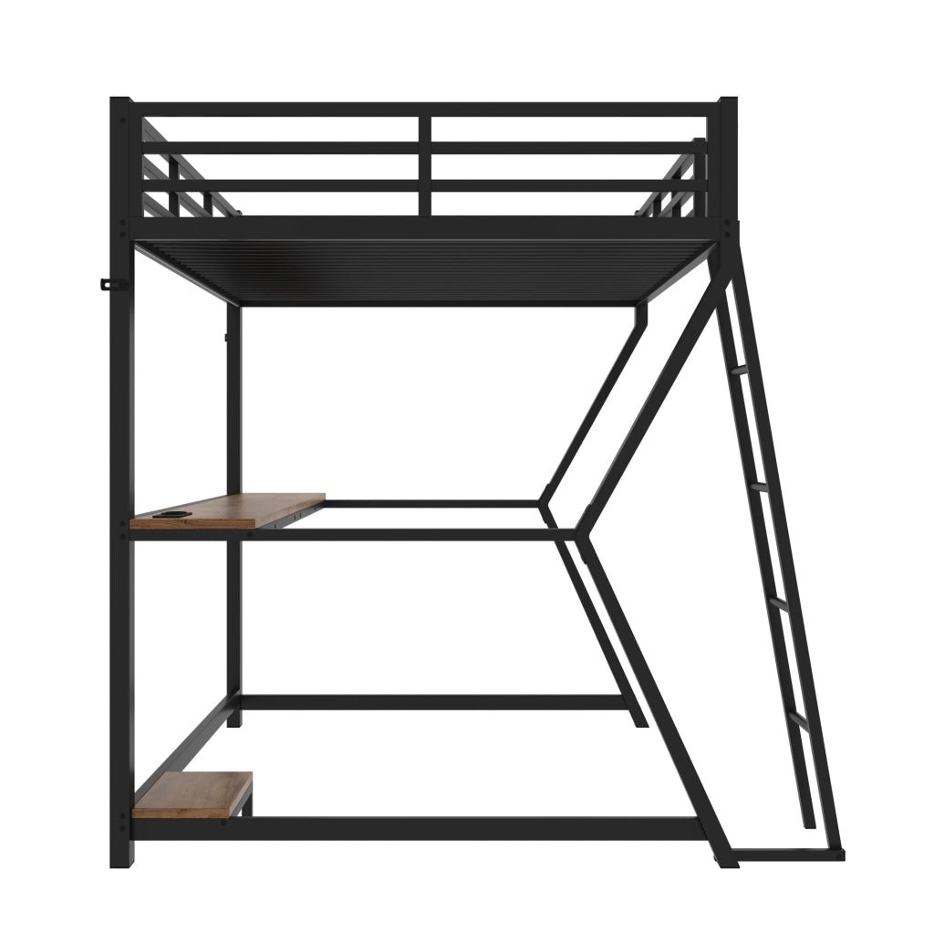 Letto a soppalco 90x200 cm con LED; scrivania e prese USB; metallo nero (Senza materasso)