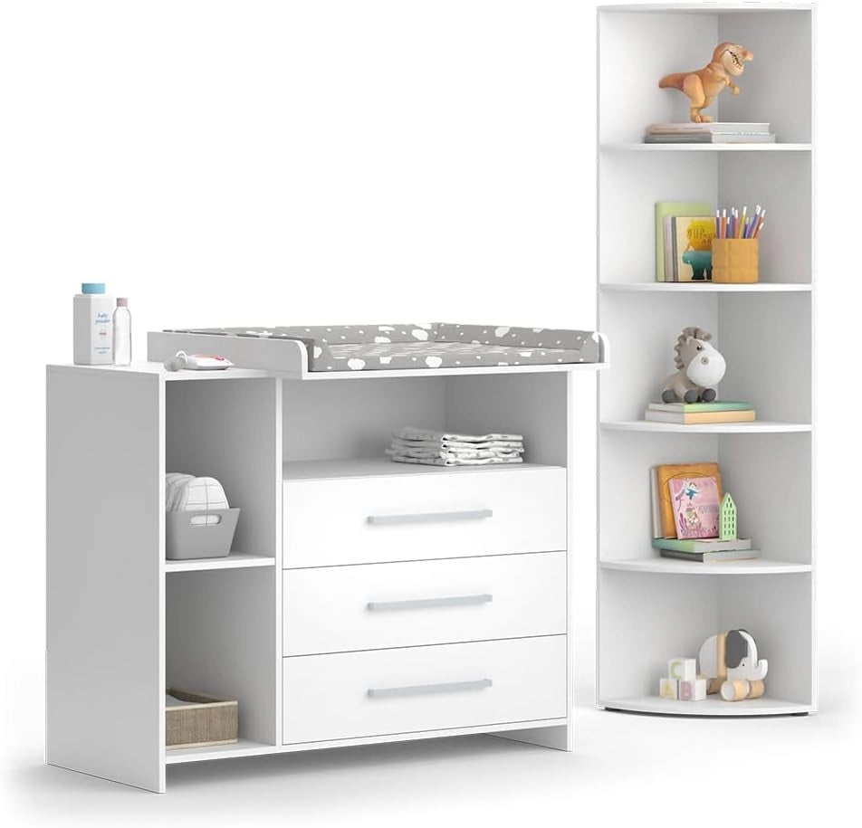Set per cameretta Oskar, Bianco, 2 parti, con fasciatoio e ripiano per giocattoli, convertibile in una normale cassettiera dopo la rimozione del fasciatoio