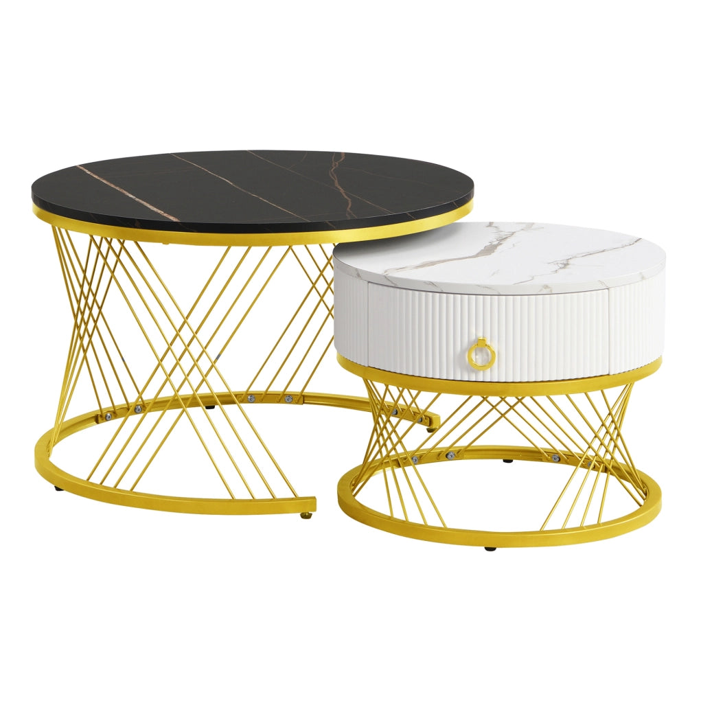 Set di 2 tavolini da caffè impilabili effetto marmo con cassetto; MDF e metallo; nero