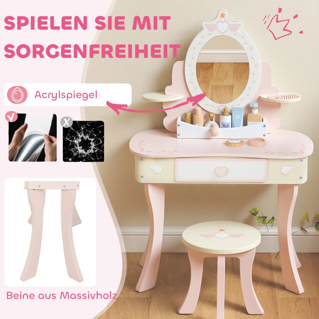 Toeletta bambini con sedia e cassetto ¨C Xylo ¨C rosa MDF con specchio removibile e 7 accessori