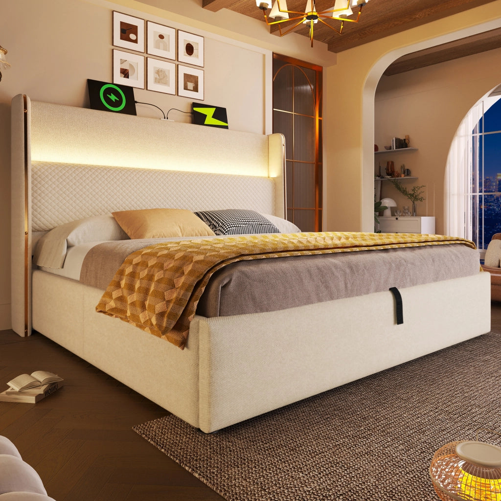 Letto idraulico 160x200 cm beige con materasso H3, LED, USB e Type-C