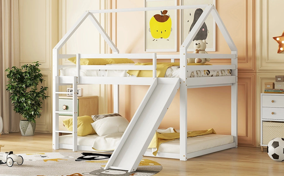 DESMIU Letto a castello casetta 140 × 200 cm 2 posti con scivolo e scala, senza materasso, in pino, bianco