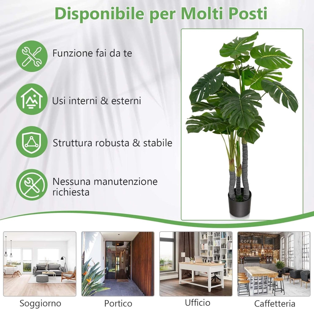 Pianta Finta 120 cm, Albero di Filodendro Artificiale con Foglie in Plastica PE, 3 Rami e 20 Foglie e Supporto in Cemento, Ideale per Casa, Ufficio e Negozio