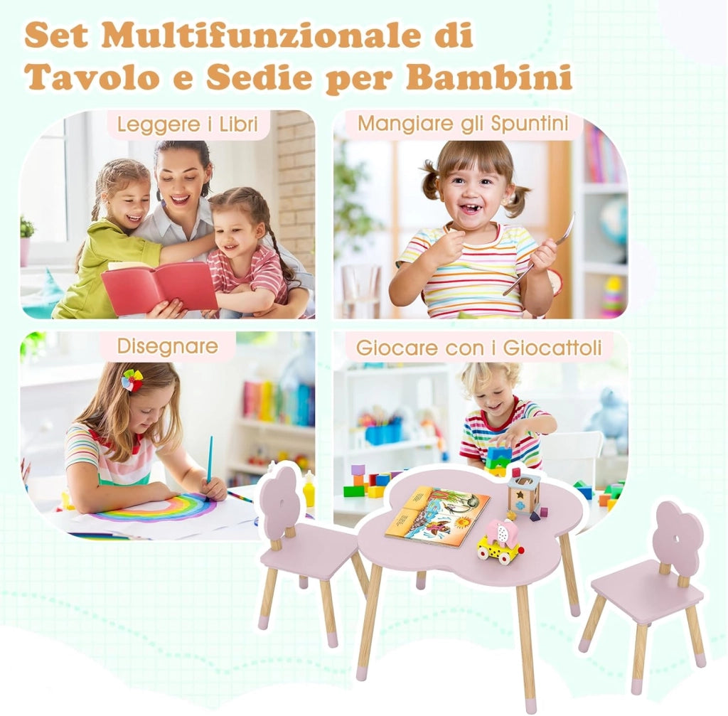 Set Tavolo per Bambini a Forma di Fiore, Tavolino e Sedia in Legno con 2 Sedie e Gambe in Legno di Pino Solido, Tavolino Bambini 3+ Anni per Disegno, Arte e Studio (Rosa)