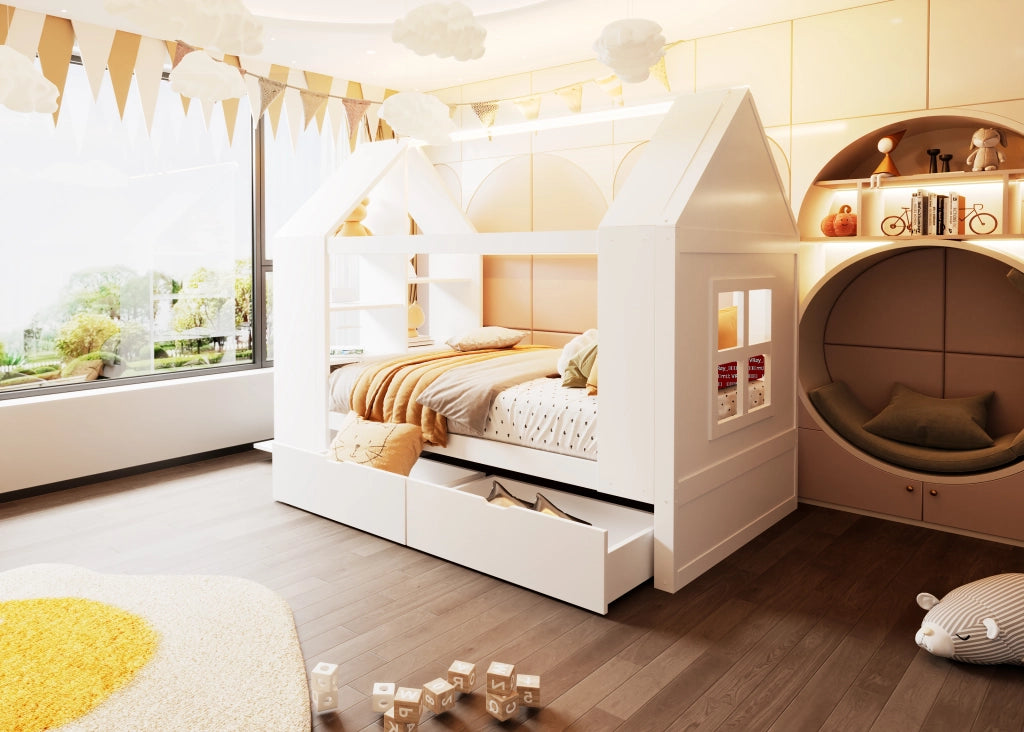 Letto per bambini 90 × 200 cm a casetta con 2 cassetti, LED, ripiani, senza materasso, in legno, bianco