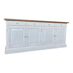 Credenza madia Alberta in legno 4 ante bugnate bianco anticato e noce Bassano con zoccolo chiuso
