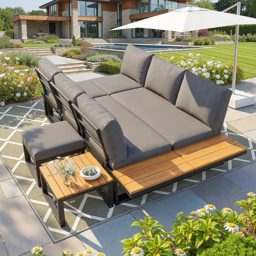 Set Lounge Divano Angolare da Giardino Esterno 6 Pezzi con Tavolino e Cuscini ¨C MINIMAL ¨C Acciaio, Grigio/Beige