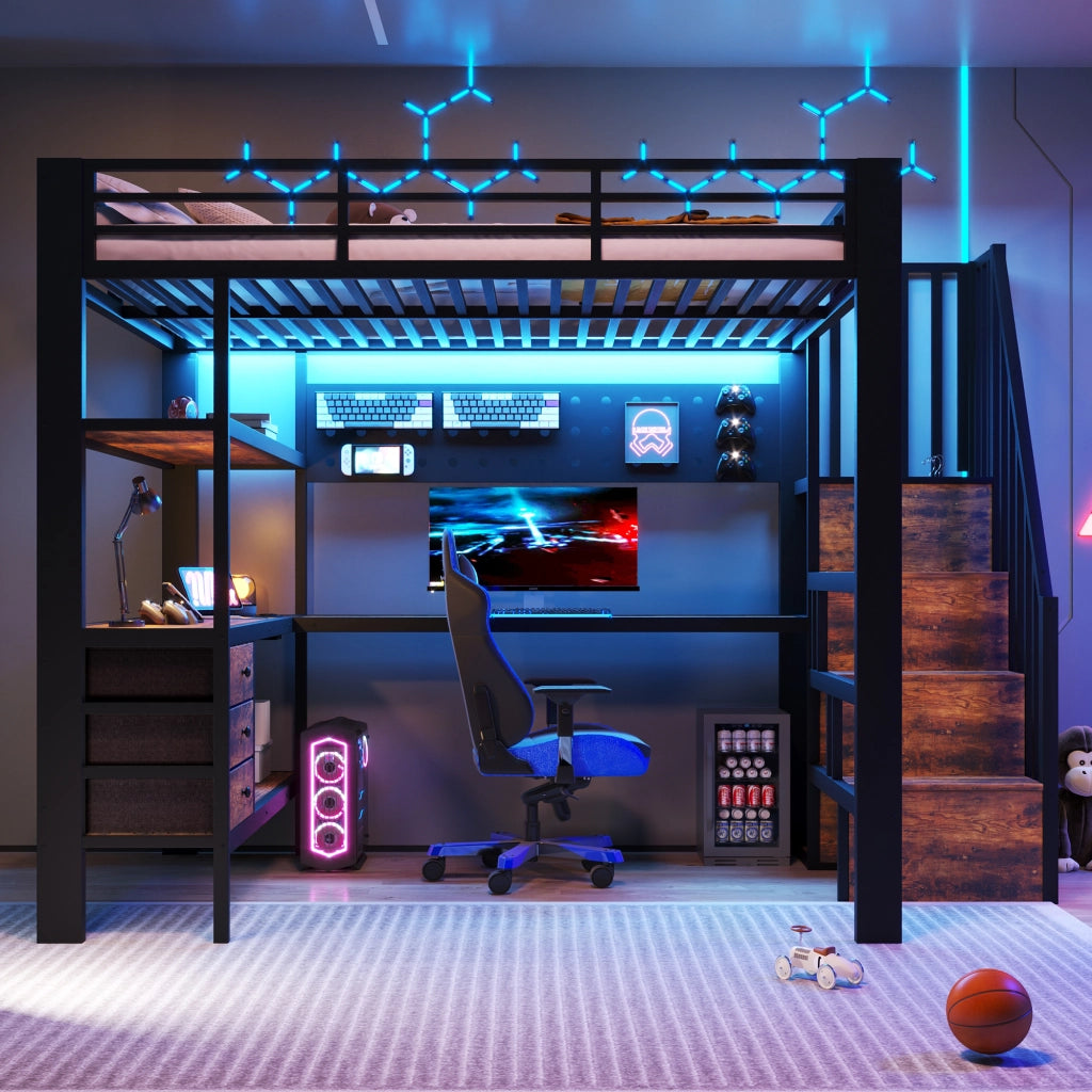 DESMIU Letto a soppalco 140 × 200 cm 1 posto con scrivania, cassetti, LED e presa, senza materasso, nero