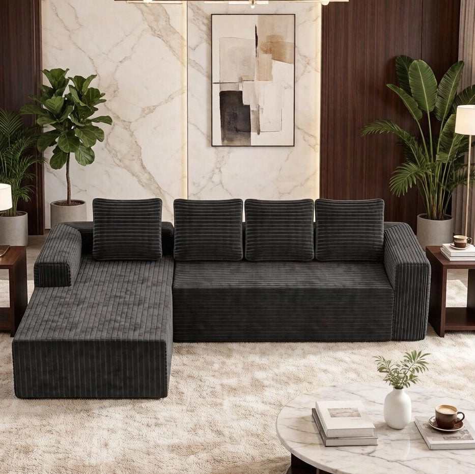 Divano modulare a L con chaise longue reversibile; 2 moduli; velluto a coste grigio