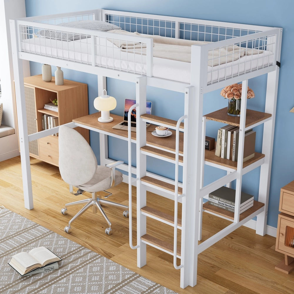 Letto a Castello con Tavolo e Scaffali ¨C MINIMAL ¨C Ferro e MDF, Bianco e Naturale, 90x200