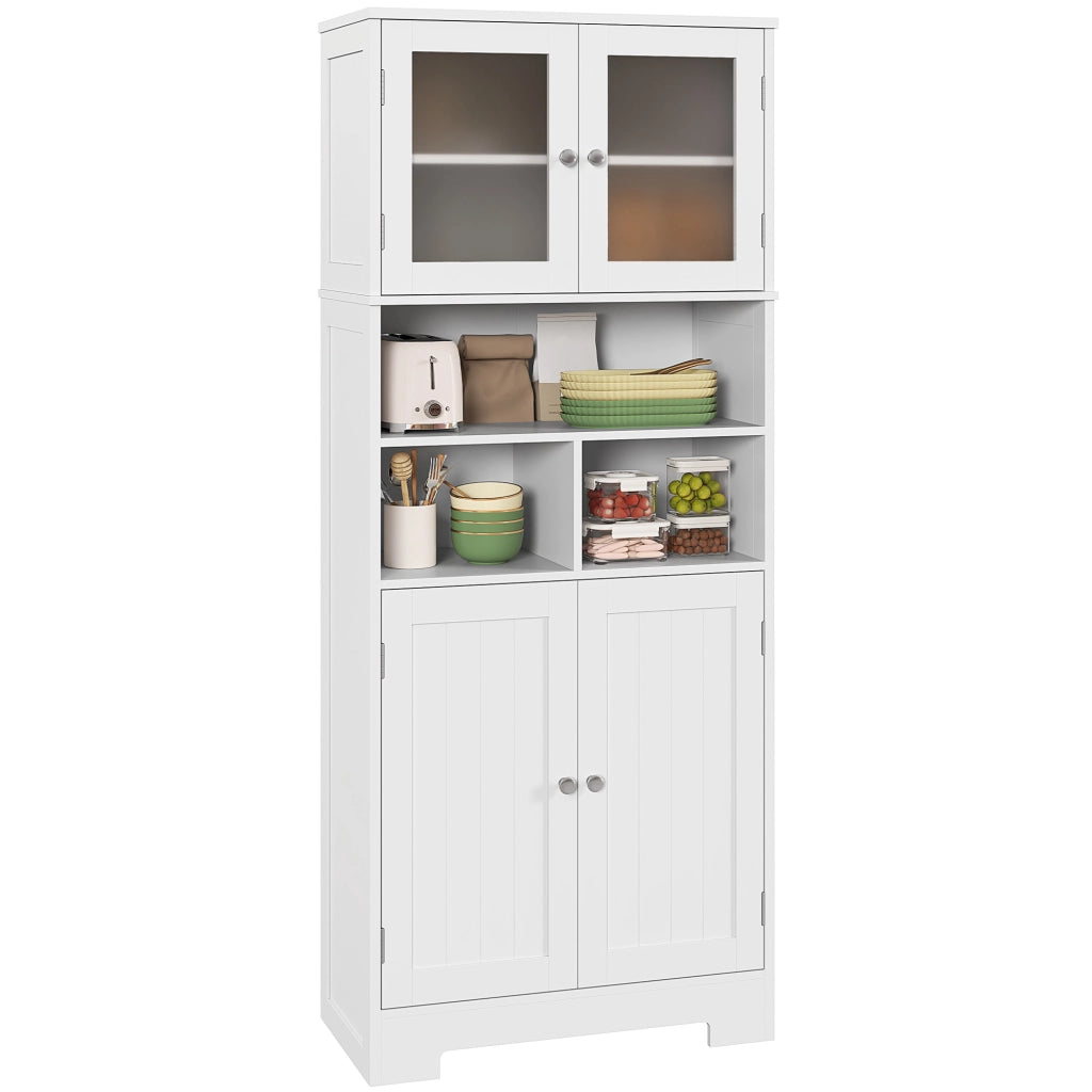 Credenza Bianca con 2 Ante a Vetro e 3 Vani Aperti, Ripiani Regolabili ¨C Zephmum ¨C 60x30x145.5 cm